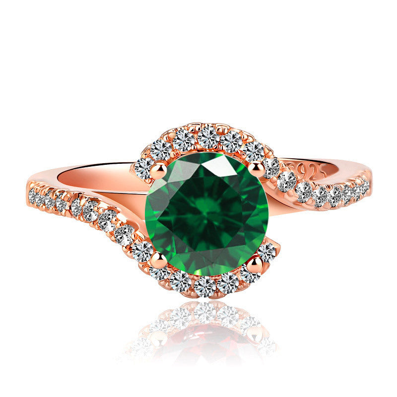 Women Emerald Ring 925 Sterling Silver Rose Gold Plated Band With Zircon Side Stones Round Elegant Trim Design