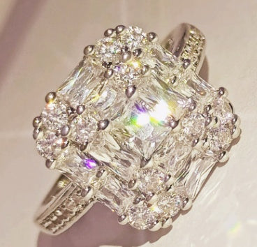 Women Diamond Zircon Ring Silver Tone Copper Promise Ring