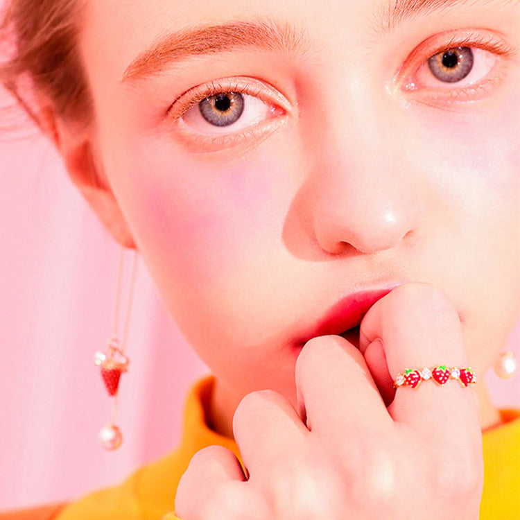 Strawberry Ring Adjustable Alloy Drip Glaze Zircon Mosaic Cute Fruit Jewelry For Women And Girls For Size 51mm