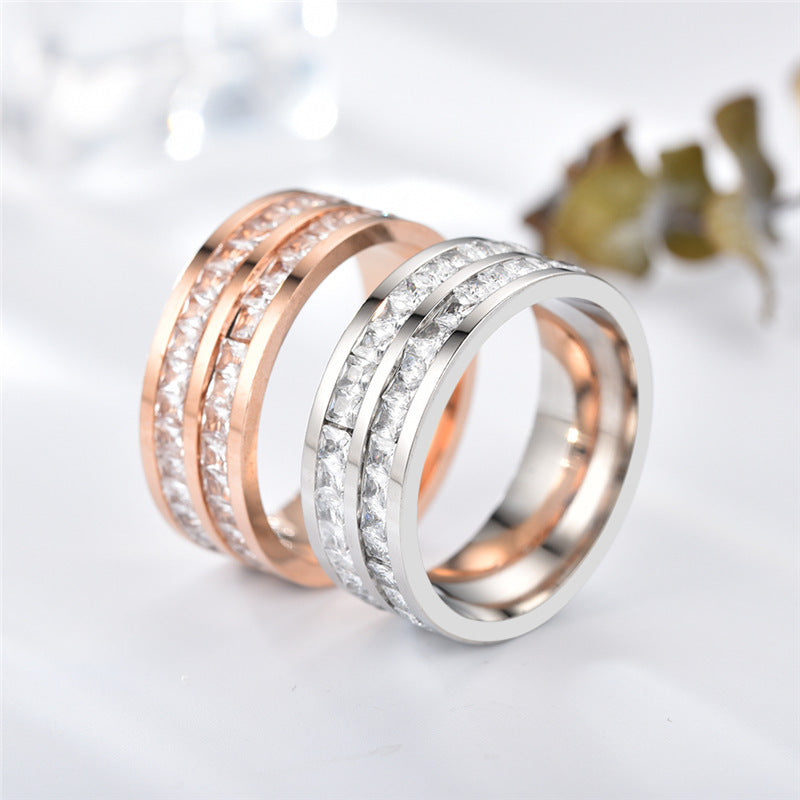 Stainless Steel Ring Double Row Diamond Geometrical Band Unisex Ring For Men Women Fashion Statement Versatile