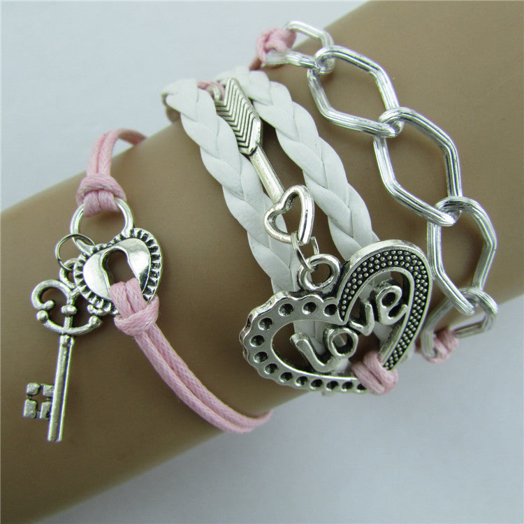 Hand Woven Vintage Bracelet Adjustable Alloy Rope Braided Design Heart Shaped Lock Plus Personalized Passwords