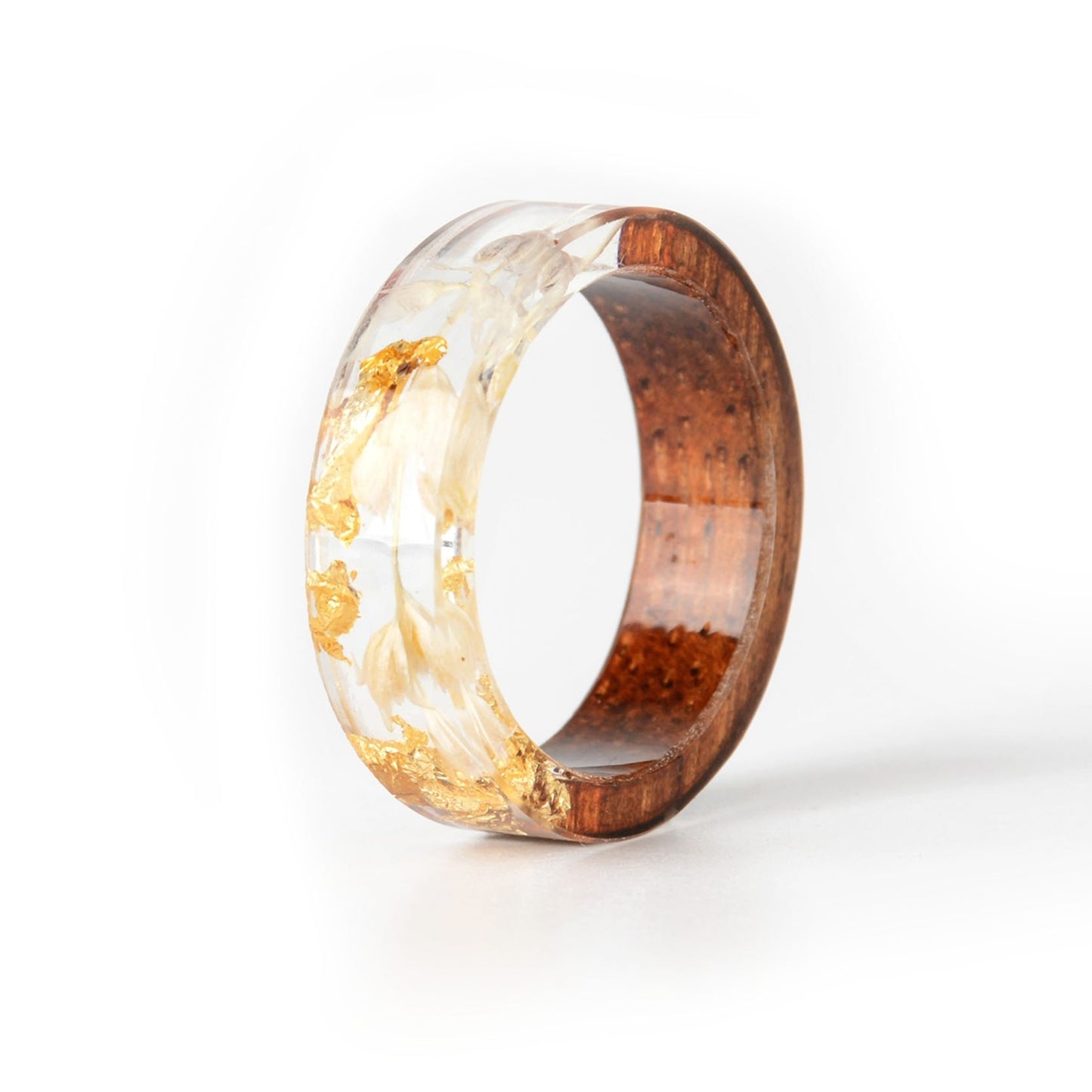 Womens Handmade Flower Resin Wood Ring Inside Gold And Silver Paper Unique Romantic Wedding Party Gift Jewelry