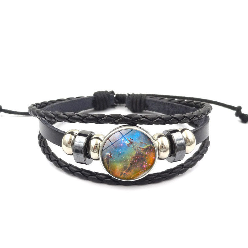 Womens Beaded Bracelet Handmade Starry Sky Universe Design Glass Gem Alloy Pendant Adjustable Leather Rope Gem