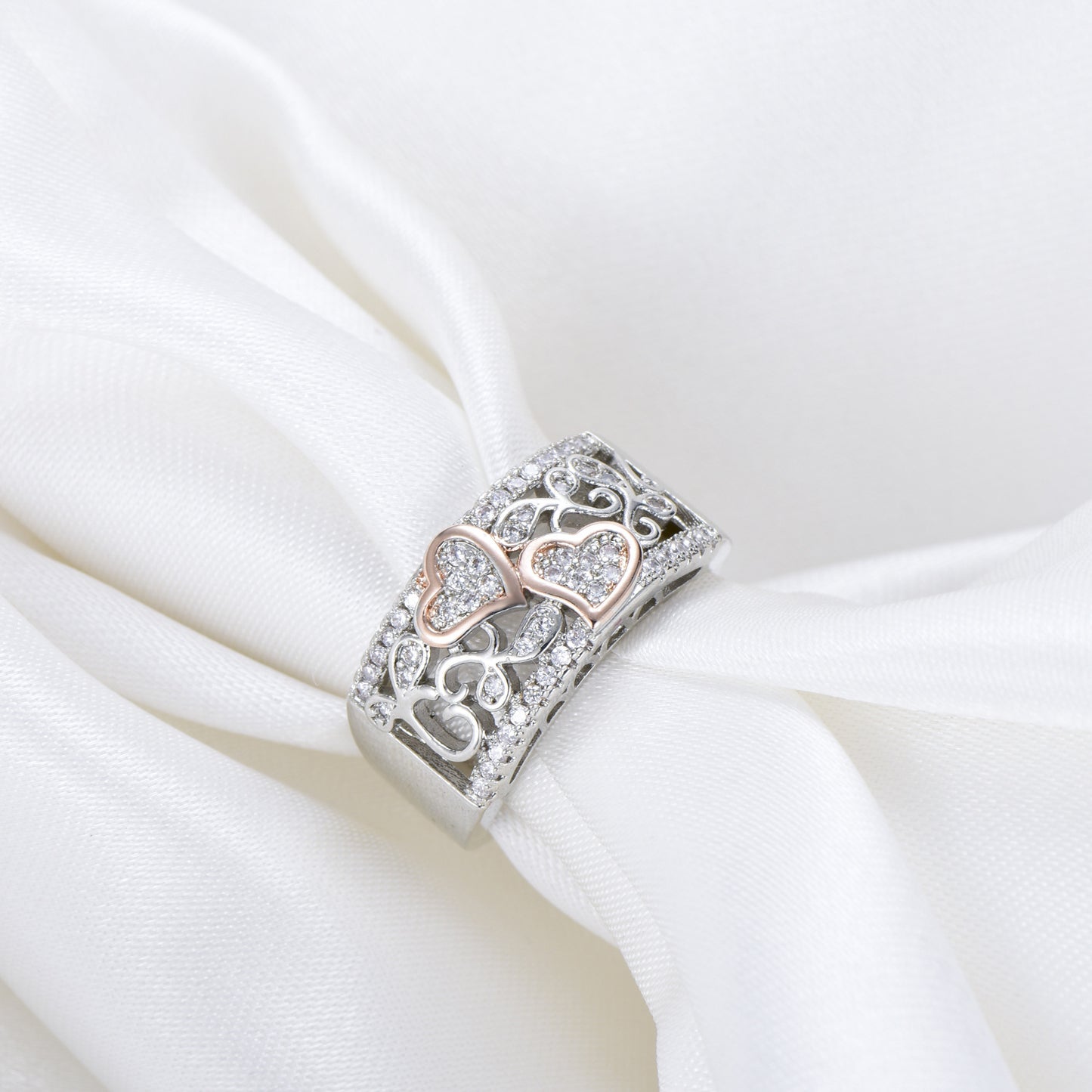 Womens 18k Rose Gold Plated Heart to Heart Ring with Gemstone Inlaid for Wedding Engagement Anniversaries Gift