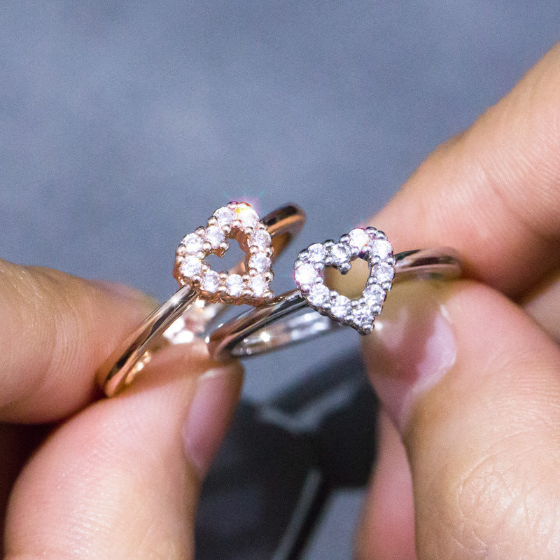 Heart Ring With Inlaid Zircon Copper Fashion Jewelry Gift For Her White And Rose Gold For Simple Everyday Wear