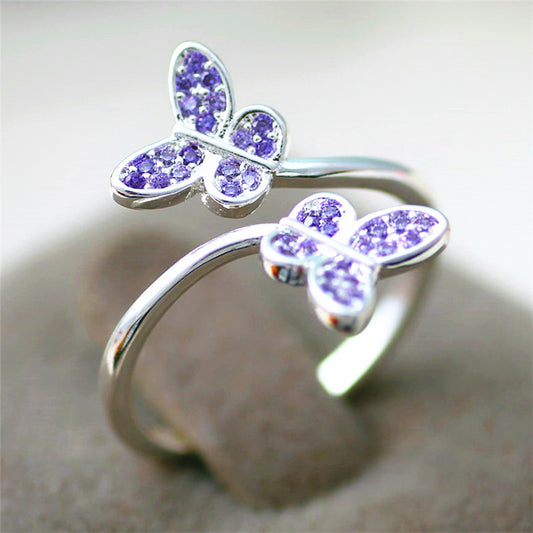 Womens Purple Butterfly Adjustable Diamond Open Ring Sterling Silver Inlaid Gemstones Fashion Jewelry Gift Her