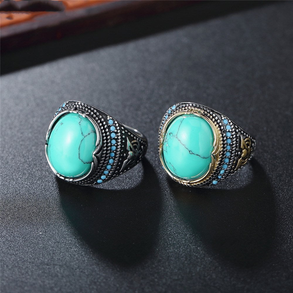 Mens Stainless Steel Wedding Band Punk Ring Round Fashionable Exquisite Turquoise Inlaid Rings Polished Finish