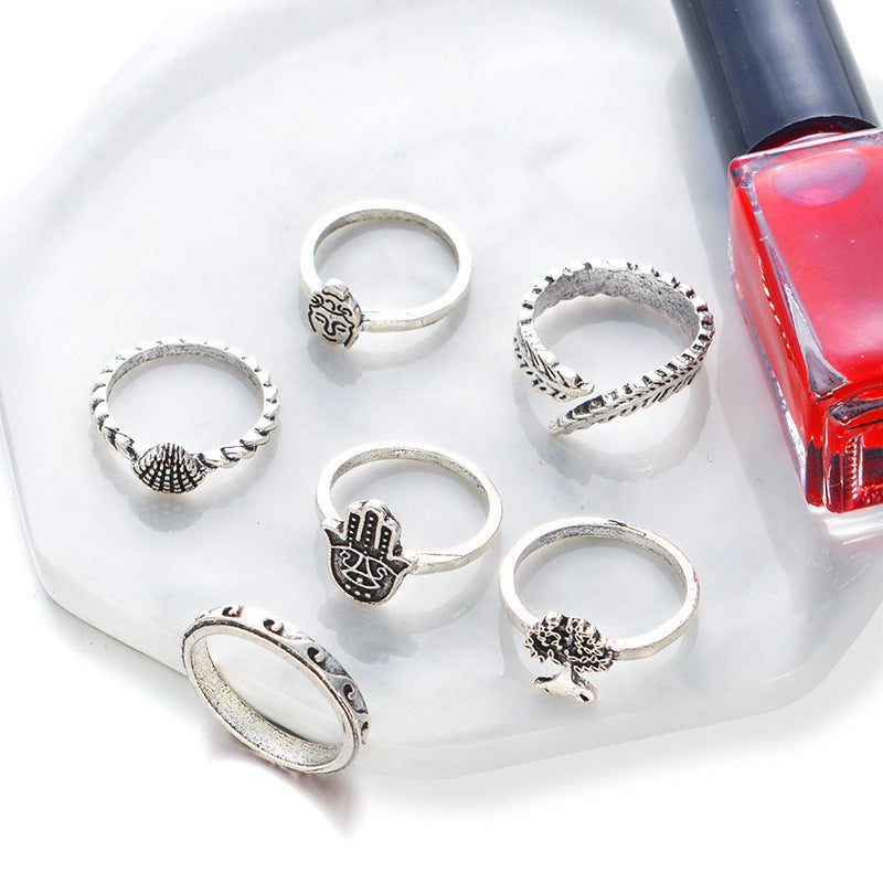 Womens Vintage Carved Alloy Rings Set European American Geometry Design Palm Leaf Ring Tail Ring Electroplated