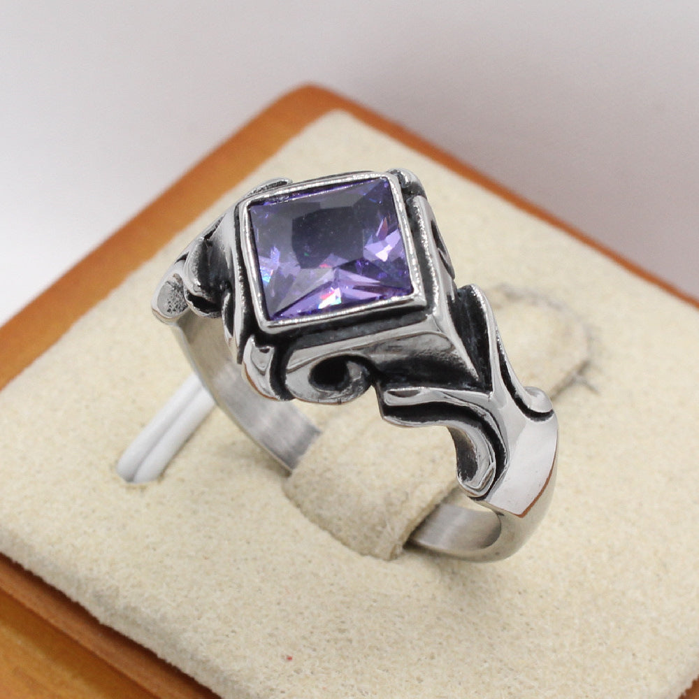 Titanium Steel Ring With Red Stone Retro Gem Accents