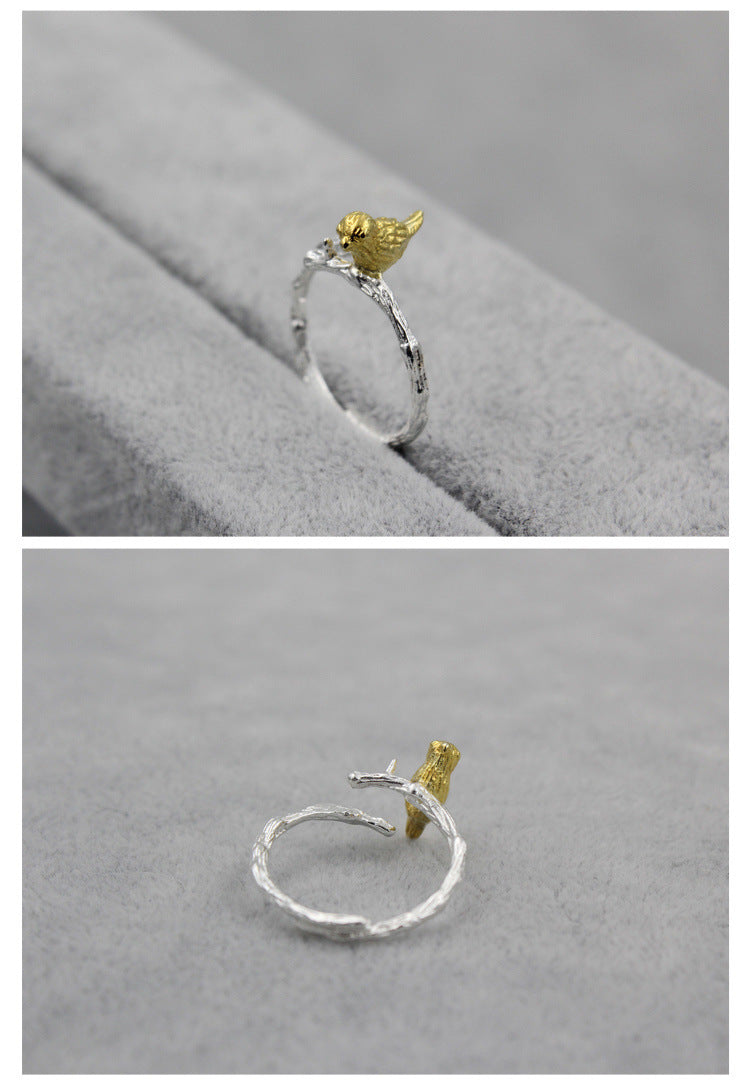 Sterling Silver Branch Ring With Bird Design Animal Zodiac Open Adjustable Korean Style Fashion Jewelry For Women 925