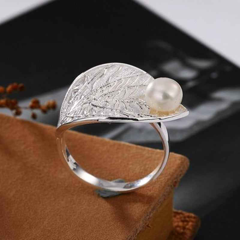 Sterling Silver Lotus Leaf Pearl Ring Elegant Jewelry Gift For Her Handcrafted Accessory Fine Craftsmanship In