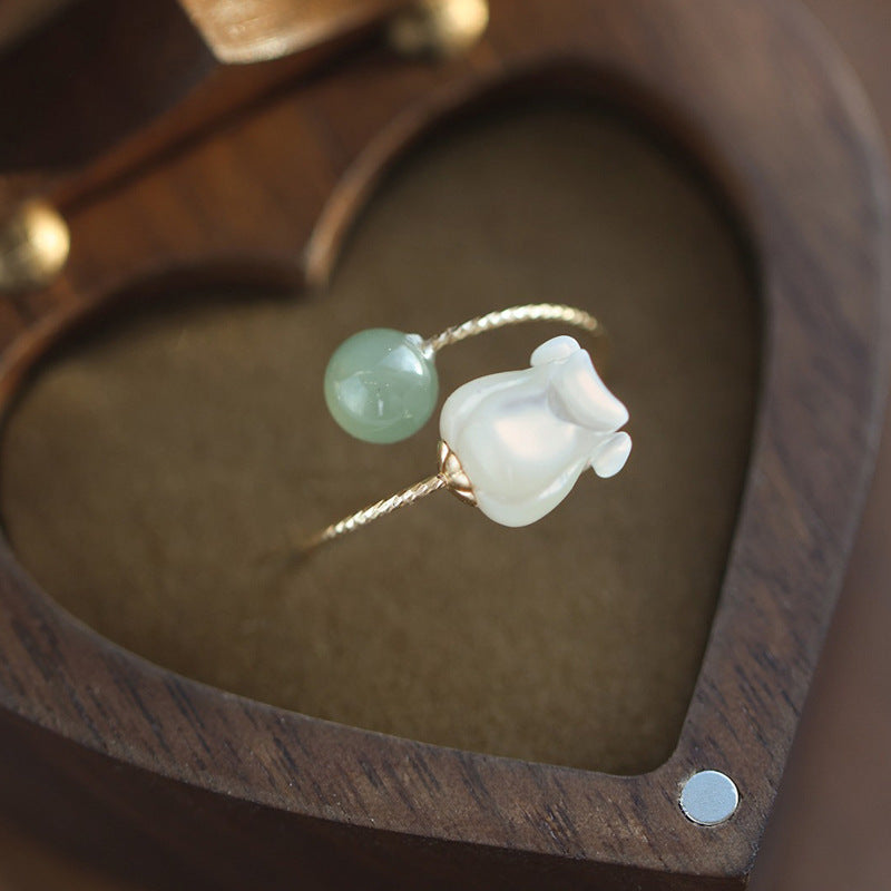 Womens Copper Ring With Hetian Jade Inlay Lily Flower Style Adjustable Open Personalized Ring Elegant Commuter