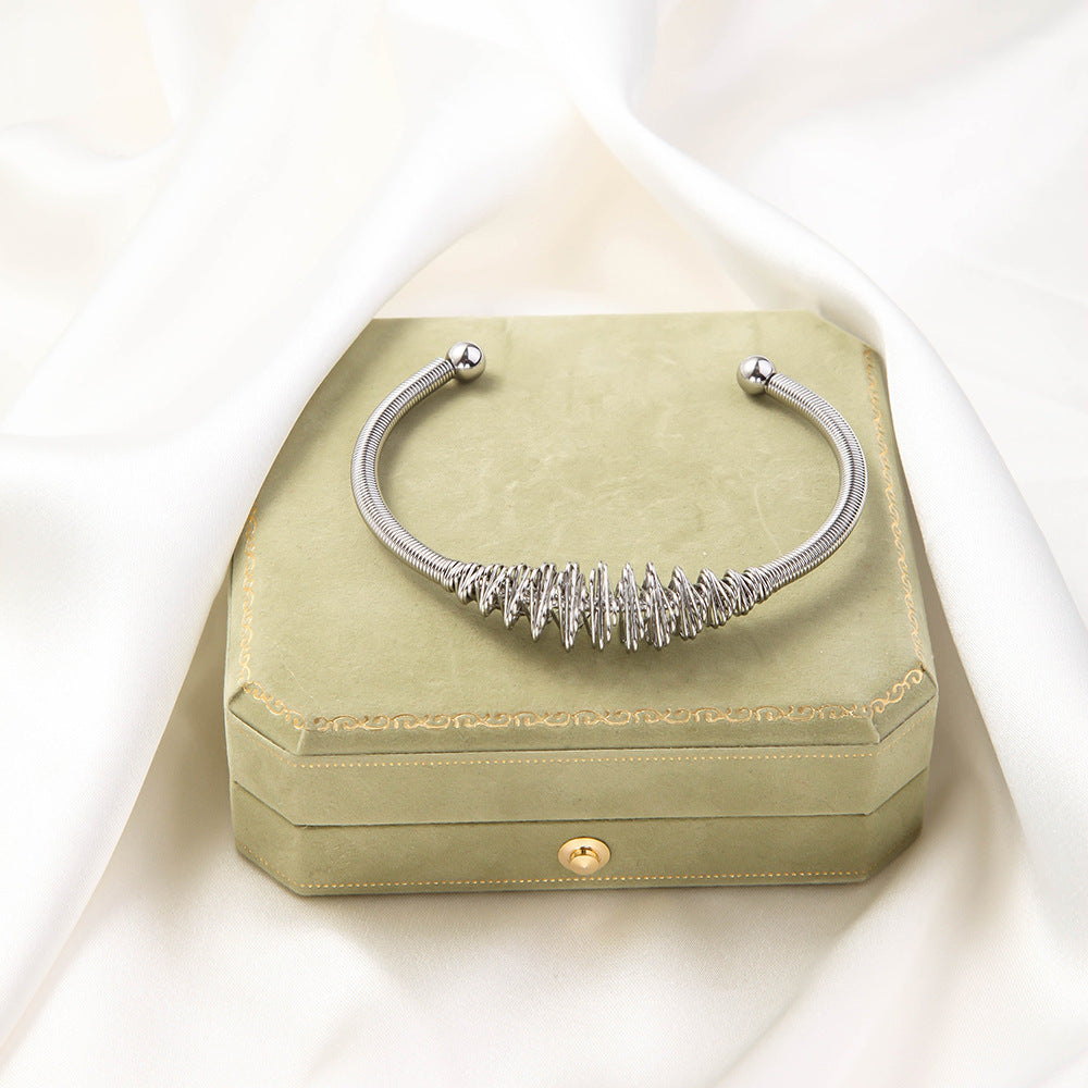 Stainless Steel Woven Bracelet Open Ended Fashion Bangle Electroplated Durable Round Design Accessory Steel And Gold