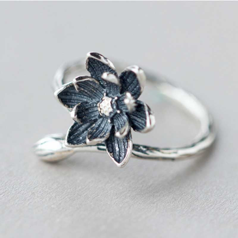 Sterling Silver Anemone Ring Thai Korean Style Adjustable For Women Fashion Jewelry Ethnic Retro Style Vintage