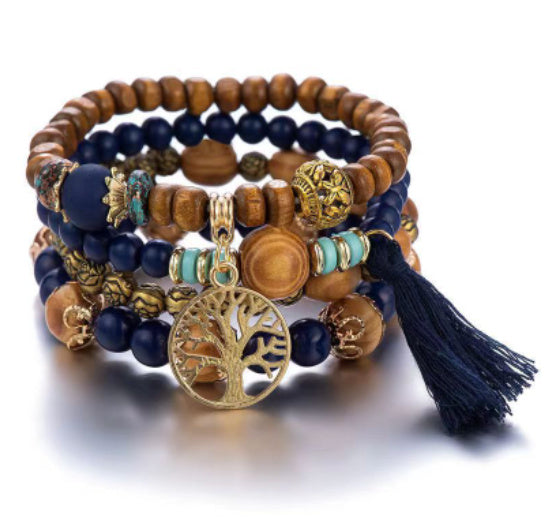 Womens Wooden Bead Bracelet Tassel Charm Rose Accent Blue