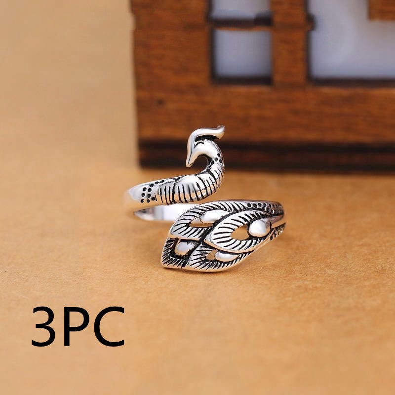 Vintage Unisex Animal Zodiac Ring In Plain Silver Peacock Design Jewelry Gift For Him With Adjustable Fit Gift