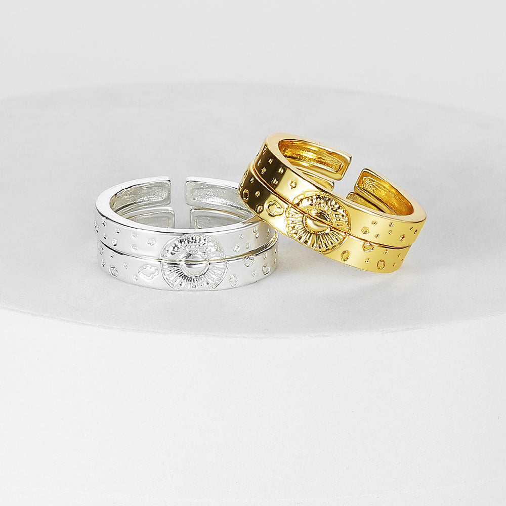 Personalized Star And Moon Corrosion Pattern Simple Brass Ring Five Pointed Star Open Mouth Copper Style Japan