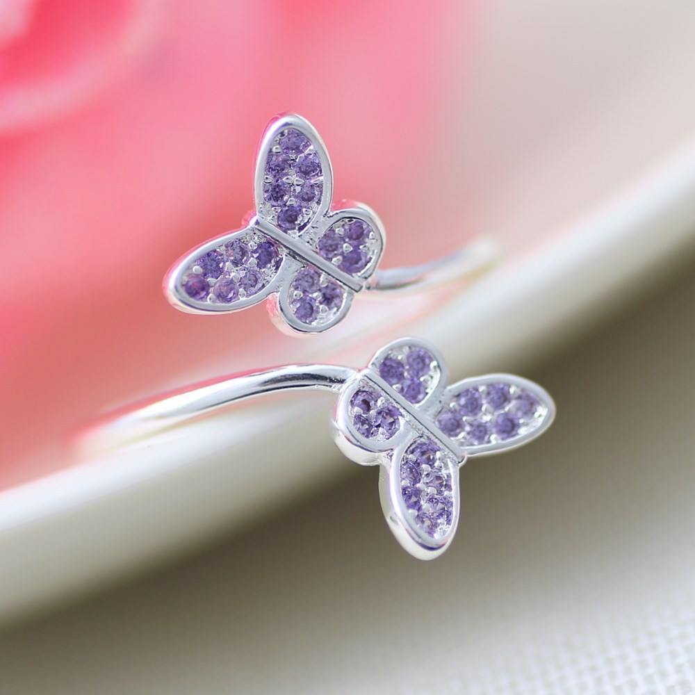 Womens Purple Butterfly Adjustable Diamond Open Ring Sterling Silver Inlaid Gemstones Fashion Jewelry Gift Her