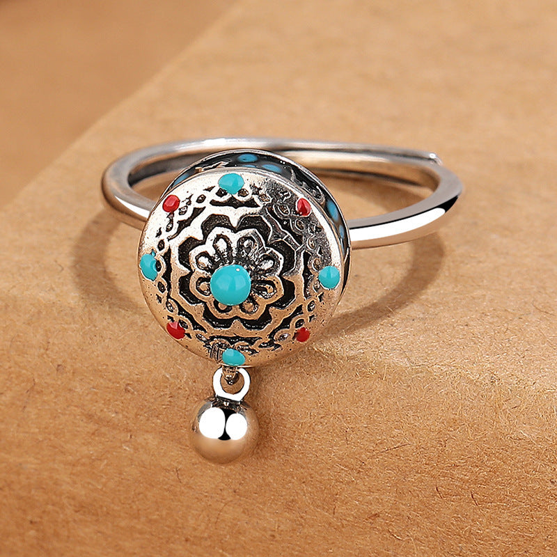 Ring Retro Ethnic Style Rotatable Opening Adjustable Niche Ring Lotus Prayer Wheel Copper Flower National Ring