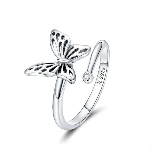 Sterling Silver Butterfly Ring For Women Adjustable Engagement Jewelry 925 Zircon Vintage Design Fine Crafting