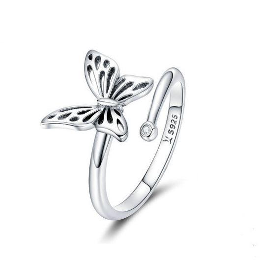 Sterling Silver Butterfly Ring For Women Adjustable Engagement Jewelry 925 Zircon Vintage Design Fine Crafting