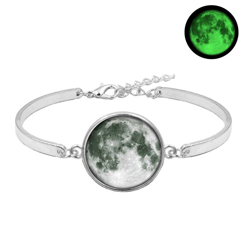 Unisex Galaxy Moon Time Gemstone Bracelet Silver Plated Alloy Bracelet With Glass Inlay Celestial Jewelry Gift