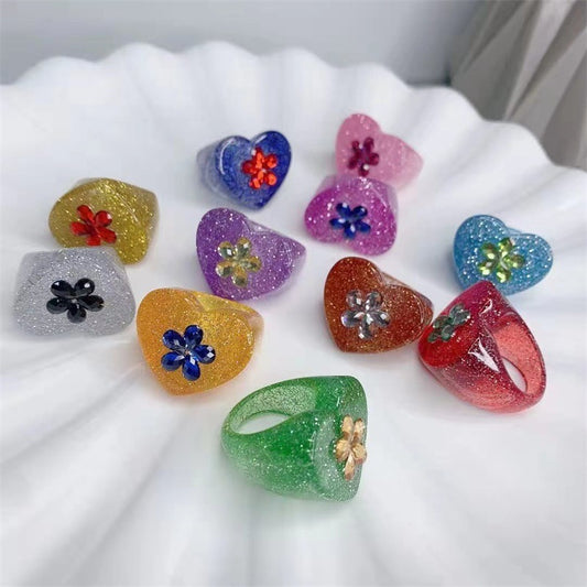 Womens Fashion Ring With Resin Flower Heart Design And Glitter Sequin Accents Rainbow Rings Quality Women Girl