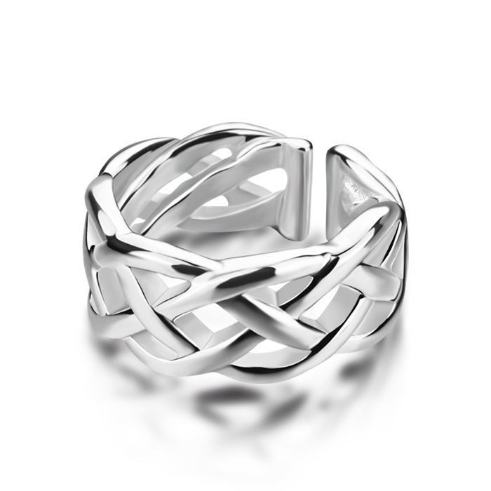 Womens Adjustable Braided Interweave Ring Silver Plated U Shaped Design Elegant Fashion Jewelry Gift For Women