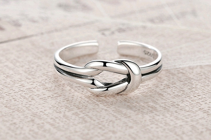 Sterling Silver Double Line Knotted Ring Retro Vintage Adjustable 925 Silver Purity Statement Ring for Women