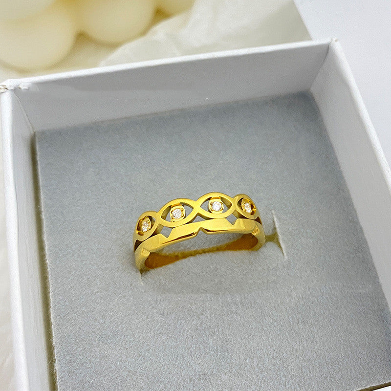 Geometric Inlaid Diamond Gold Titanium Steel Couple Ring Modern Wedding Engagement Anniversary Promise Jewelry