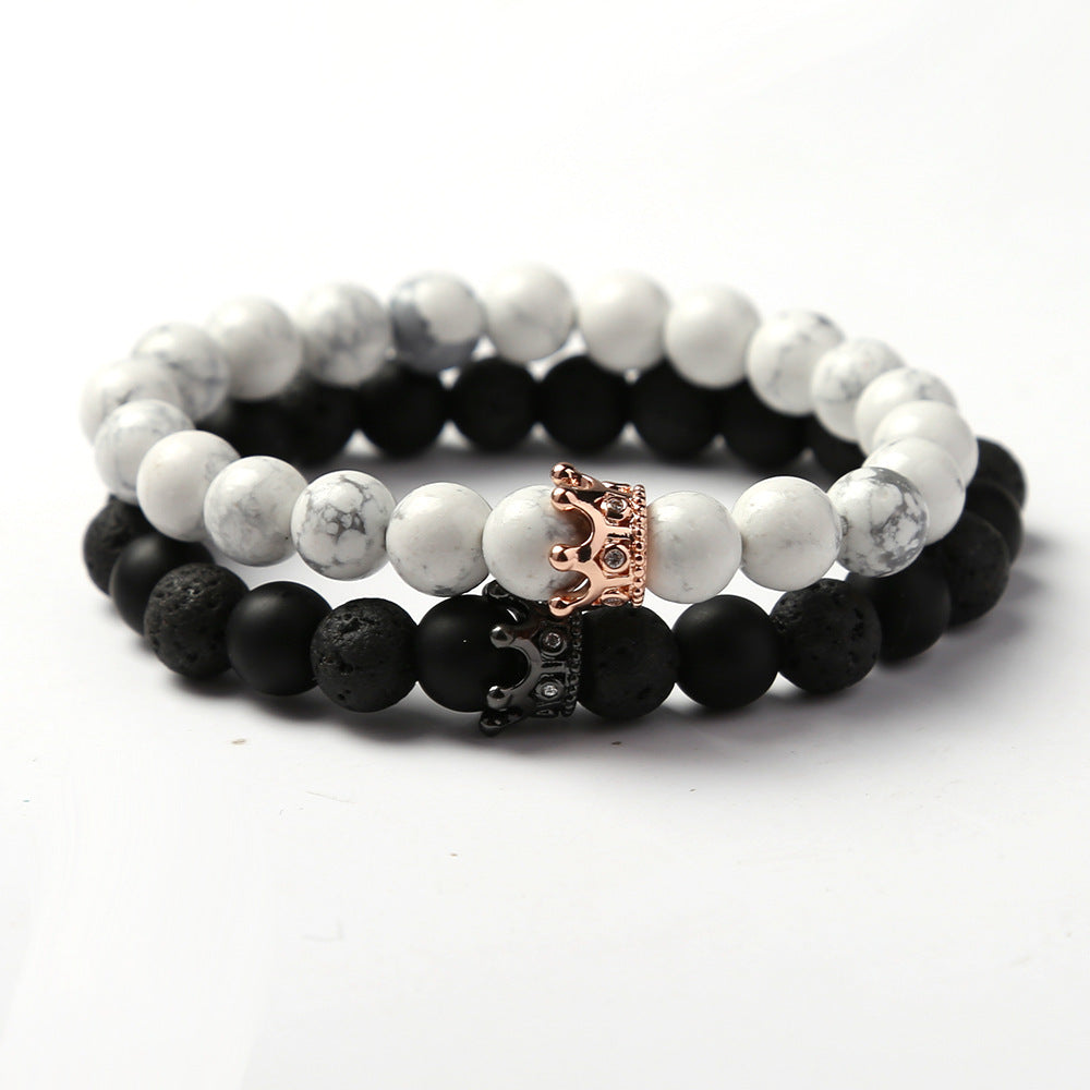 Unisex Agate Bracelet For Couples Natural Stone Bead Bracelets Crown Gold Plated Inlay Gemstone Anti Fatigue Jewelry