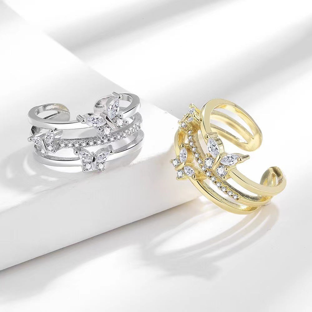 Unisex Double Butterfly Zircon Ring Adjustable Open Copper Electroplated Jewelry For Women Men Fashion Jewelry