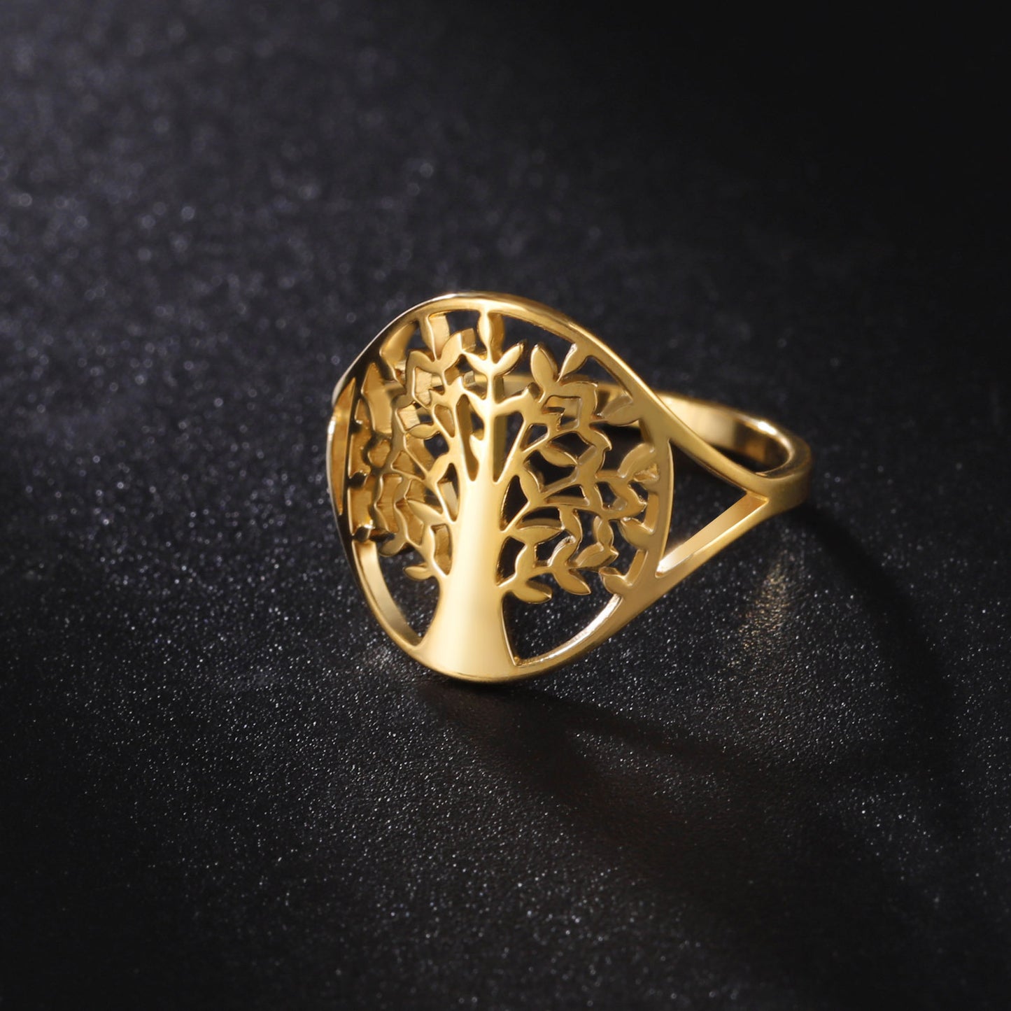 Unisex Stainless Steel Tree Ring With Hollow Cut European Retro Style Titanium Finish Jewelry Size 7 8 9 10 11