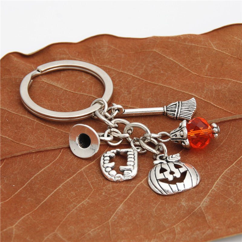 Women Keychain Alloy Keyring With Halloween Pumpkin Charm Wizard Broom Charm And Teeth Charms Trendy Key Chain