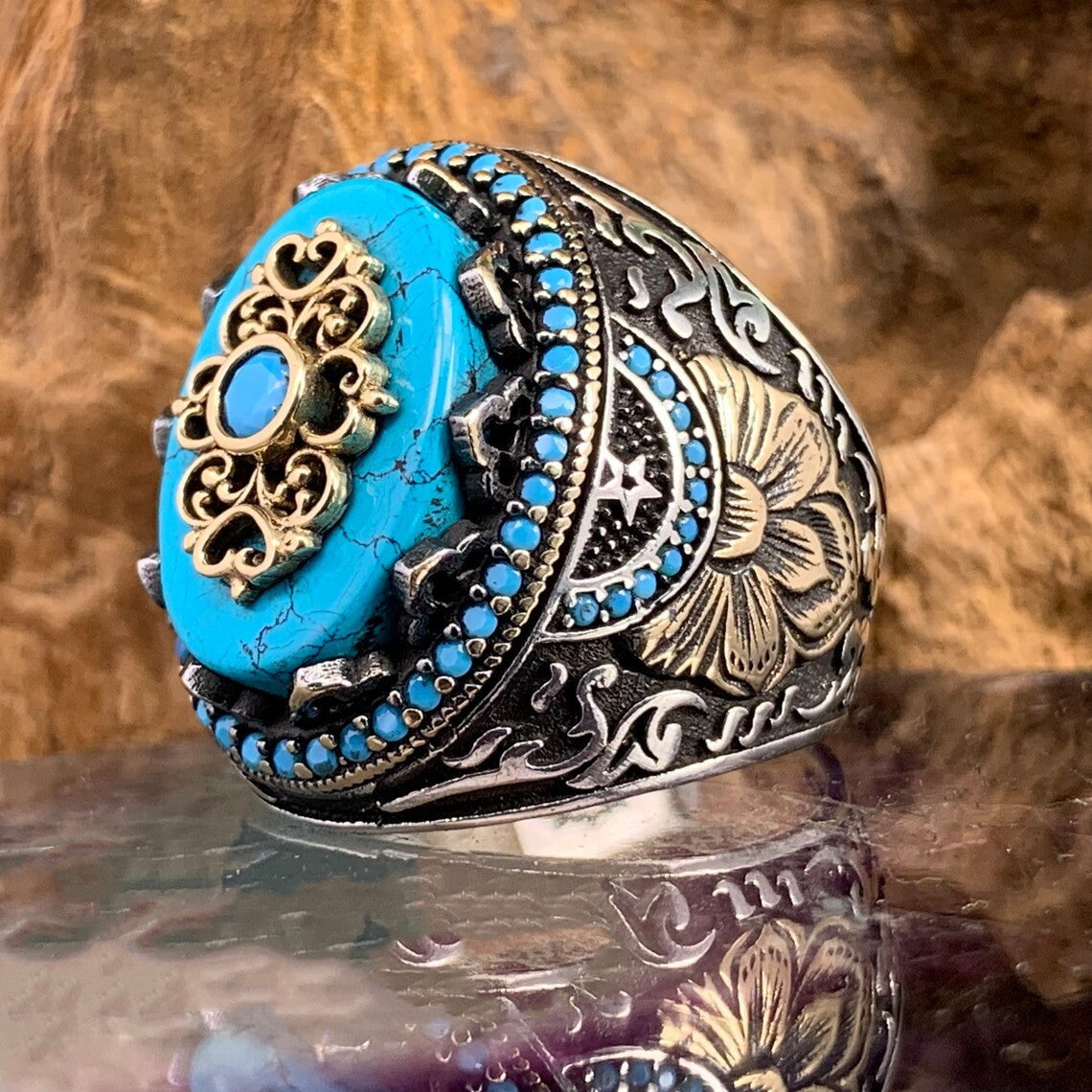 Turquoise Gemstone Embossed Pattern Ring Two Color Alloy Style Jewelry For Women European Modern Fashion Rings
