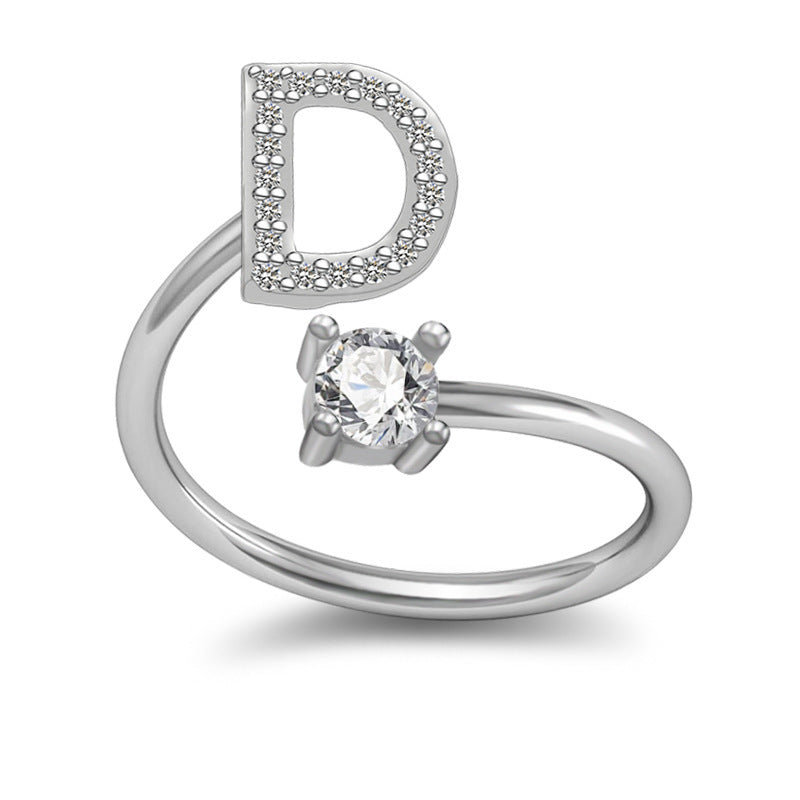 Womens Initial Rings Adjustable Copper Letter Ring With Sterling Silver Gem Inlay Fine European Jewelry A to Z