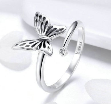 Sterling Silver Butterfly Ring For Women Adjustable Engagement Jewelry 925 Zircon Vintage Design Fine Crafting