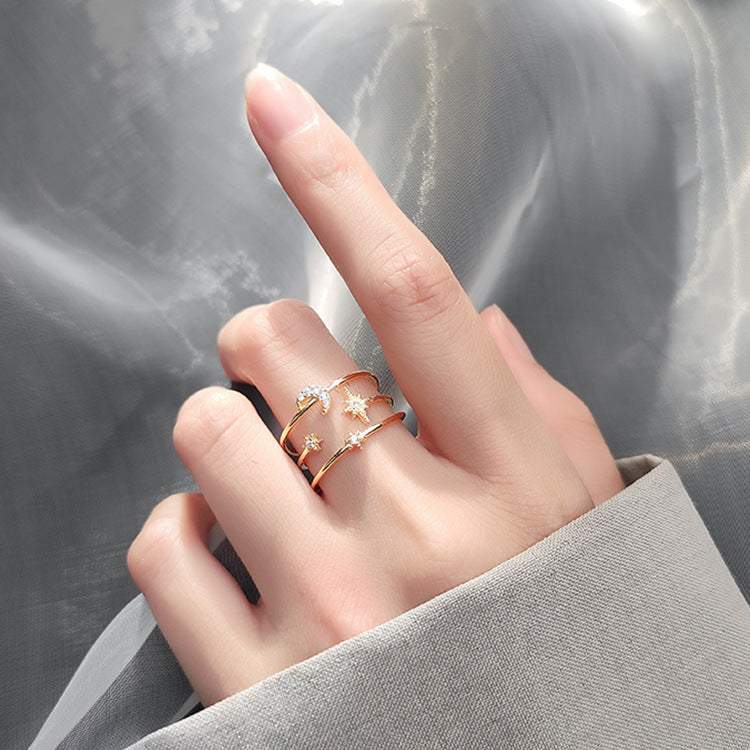 Star Moon Ring Silver Korean Style Inlaid Crystal Text Letters Jewelry Adornment for Wedding Gift and Modern Romance
