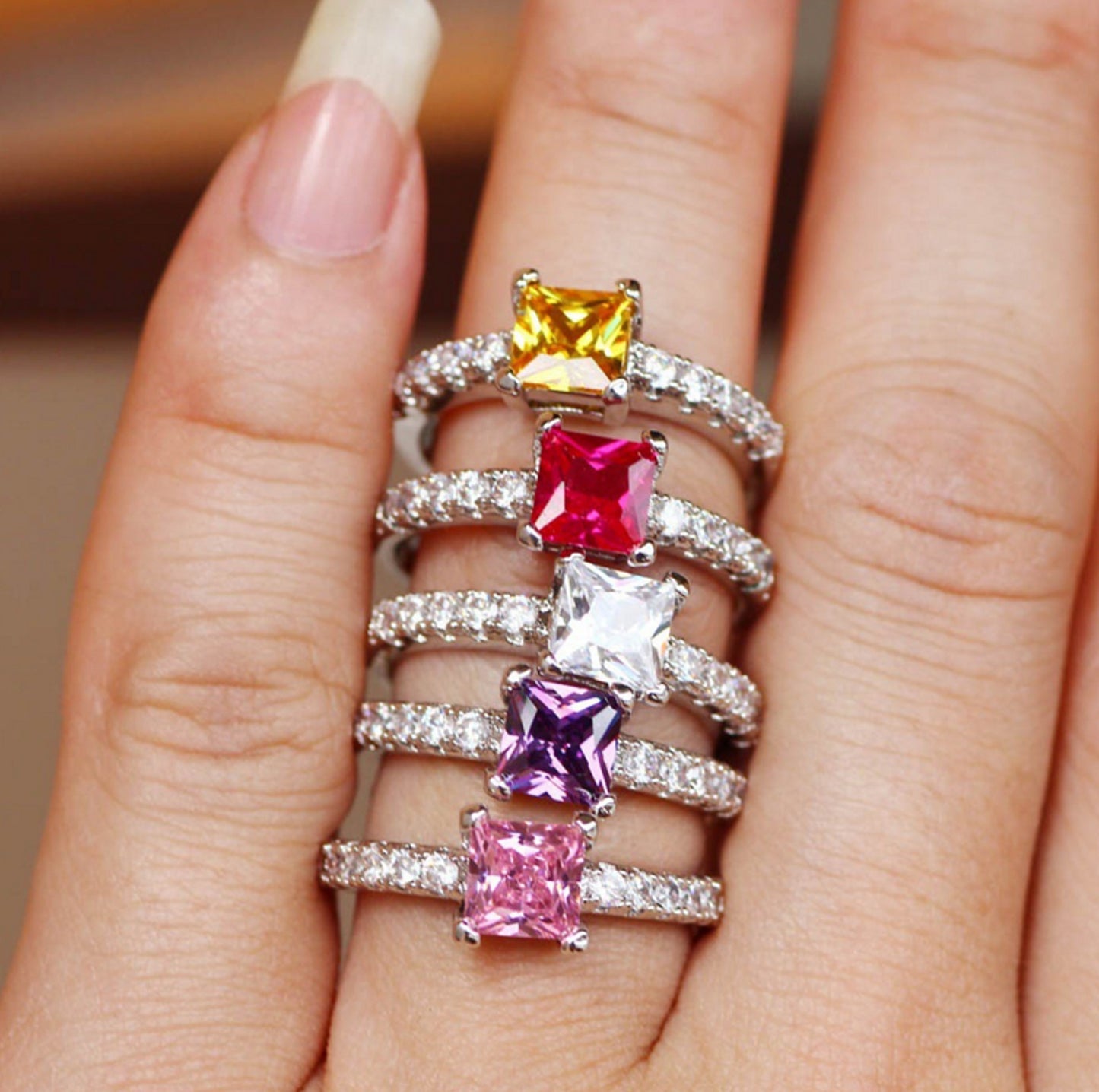 Princess Cut Simulated Diamond Ring Platinum Plated Copper Elegant Four Claw Design Jewelry for Women Prom Red