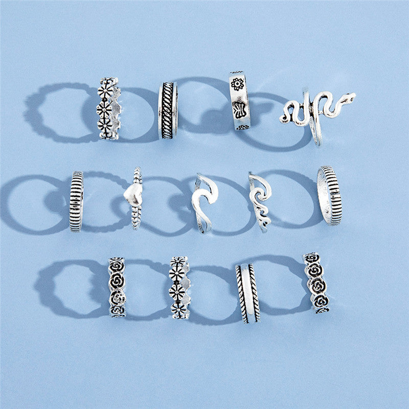 Women Ring Set 13 Pcs Flower Metal Alloy Geometric Knuckle Midi Stackable Rings For Women And Girls Great Gift Idea