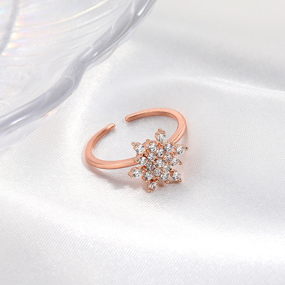 Womens Snowflake Ring Adjustable Coppery Ring Inlaid Zircon Electroplated Christmas Gift Fashion Jewelry Women