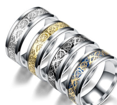 Mens Ring Stainless Steel Band With Geometric Dragon Design Silver Gold Finish Statement Ring Jewelry Everyday