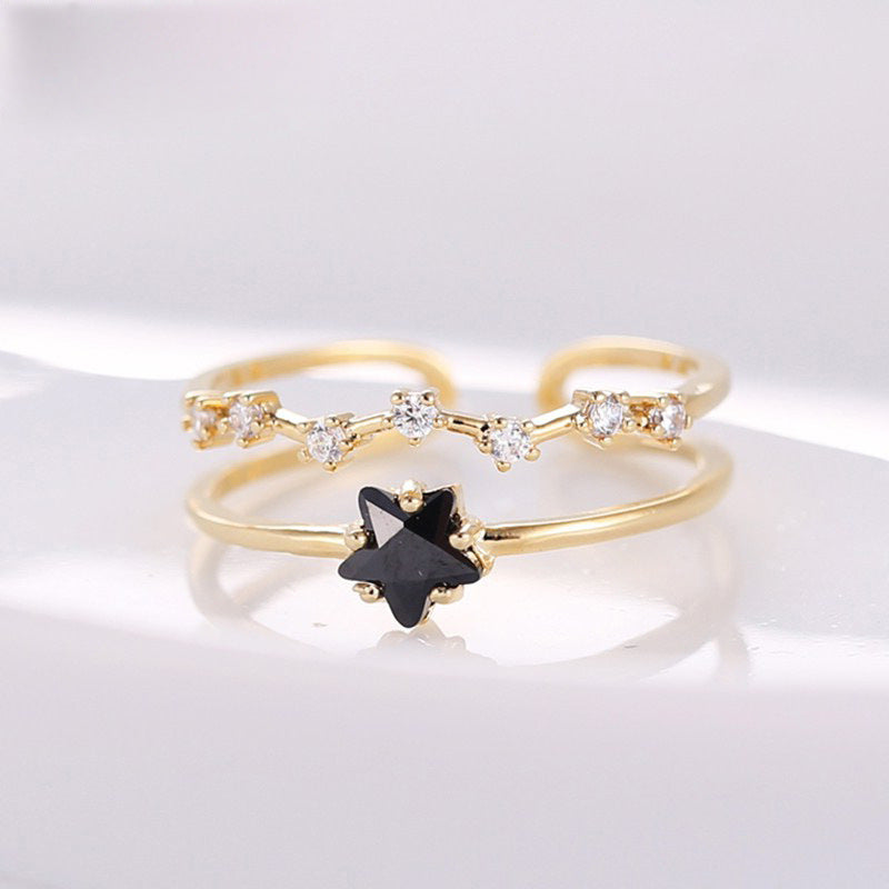 Star Double Layer Ring For Women Gold Plated Copper With Cubic Zirconia Adjustable Opening With Sparkling Gems