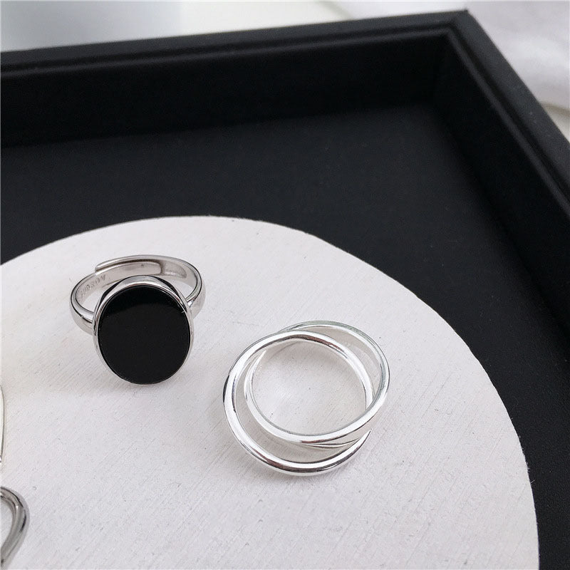 Womens Sterling Silver Ring Black Round Medal Cross Korean Geometric Design 925 Silver Adjustable Open Fashion