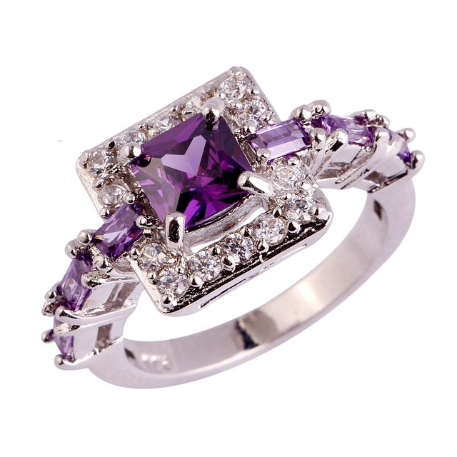 Purple Zircon Ring Platinum Plated Cubic Zirconia Gemstone Fashion Statement Jewelry for Women Elegant Anniversary Gift