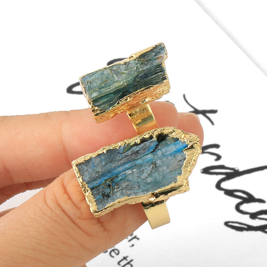 Natural Stone Ring Adjustable Unisex Irregular Shape Kyanite Black Tourmaline Gemstone Jewelry Gift for Jewelry Lovers
