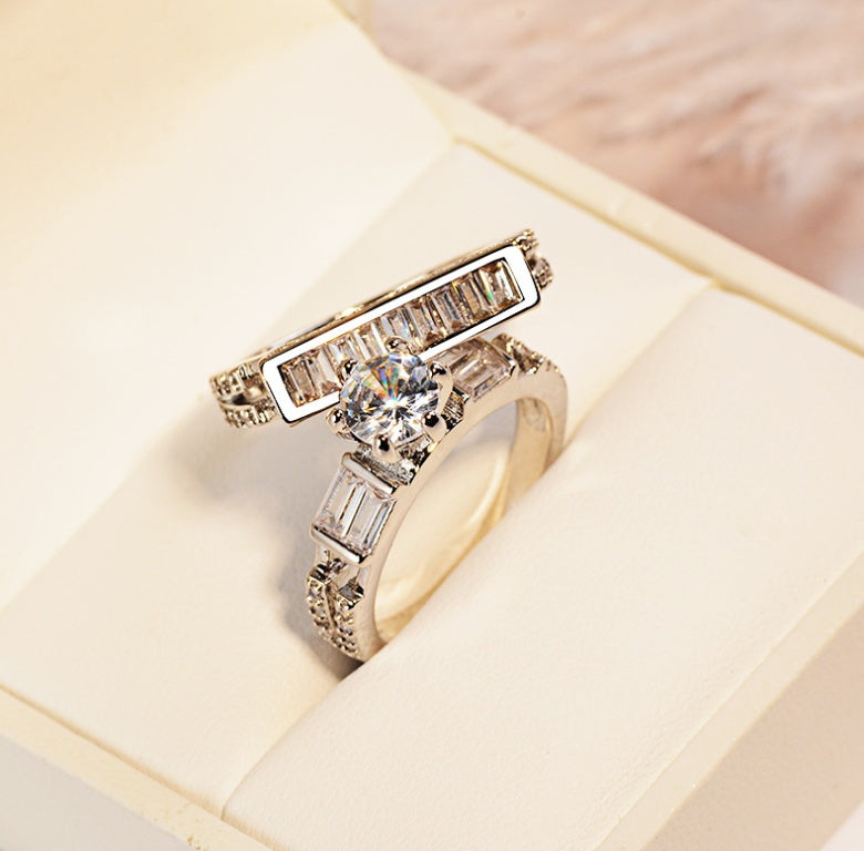 Diamond Studded Ring Sterling Silver White Gold Tone Geometric Design For Women Anniversary Gift Mosaic Gemstone