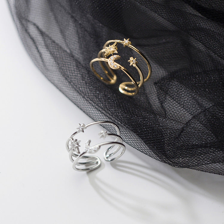 Star Moon Ring Silver Korean Style Inlaid Crystal Text Letters Jewelry Adornment for Wedding Gift and Modern Romance