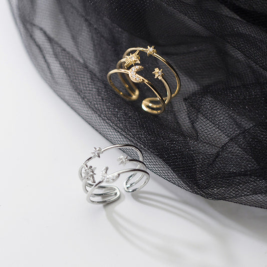 Star Moon Ring Silver Korean Style Inlaid Crystal Text Letters Jewelry Adornment for Wedding Gift and Modern Romance