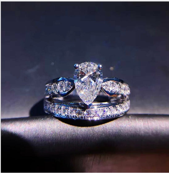 Womens Diamond Ring Drop Shaped Micro Inlaid Double Crown White Copper Engagement Wedding Gift Diamond Double